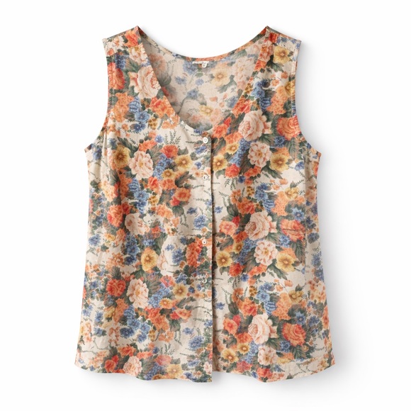 Vintage Tops - Made in France Cotton Floral Button Up Tank 100% Cotton Size 42/44 Medium